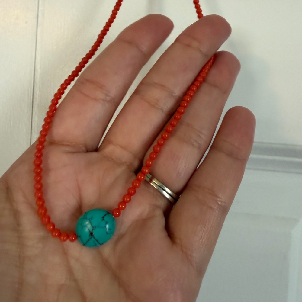 Peyote Bird Turquoise and Red Beaded Necklace